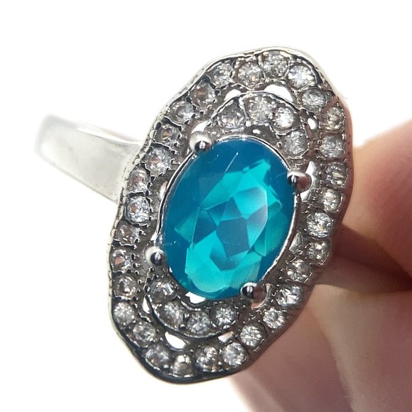 Blue Opal .74ct Platinum Finish Solid 925 Sterling Silver Ring - Picture 1 of 8